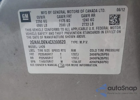 2012 Chevrolet Equinox 1Lt from USA, damaged, VIN 2GNALDEK4C6390620